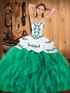 Most Popular Floor Length Turquoise Quinceanera Dress Satin and Organza Sleeveless Embroidery and Ruffles