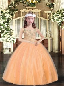 Sleeveless Tulle Floor Length Lace Up Little Girls Pageant Dress in Orange with Beading
