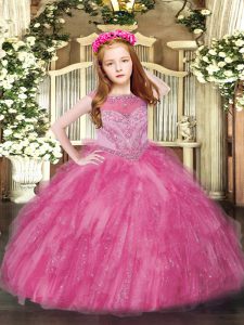 Hot Pink Tulle Zipper Scoop Sleeveless Floor Length Little Girl Pageant Gowns Beading and Ruffles