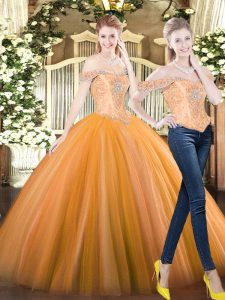 Orange Red Tulle Lace Up Sweet 16 Dress Sleeveless Floor Length Beading