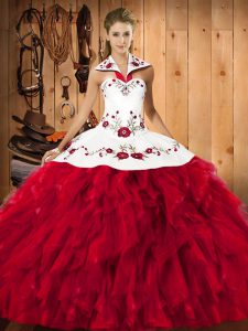 Eye-catching Red Lace Up Halter Top Embroidery and Ruffles Quinceanera Gown Satin and Organza Sleeveless