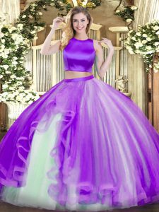 Purple Two Pieces Tulle High-neck Sleeveless Ruffles Floor Length Criss Cross Sweet 16 Dress