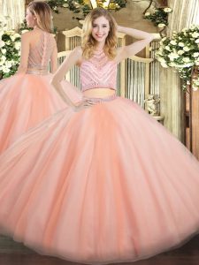 Sleeveless Floor Length Beading Zipper Sweet 16 Dresses with Peach