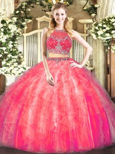 Tulle Scoop Sleeveless Zipper Beading and Ruffles Sweet 16 Quinceanera Dress in Coral Red