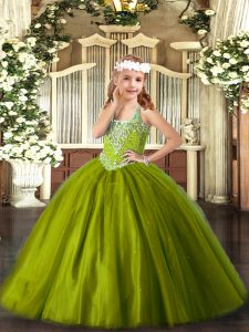 Olive Green Lace Up V-neck Beading Little Girls Pageant Dress Tulle Sleeveless