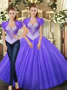 New Style Purple Ball Gowns Tulle Straps Sleeveless Beading Floor Length Lace Up Sweet 16 Dress