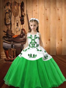 Green Organza Lace Up Little Girls Pageant Dress Wholesale Sleeveless Floor Length Embroidery