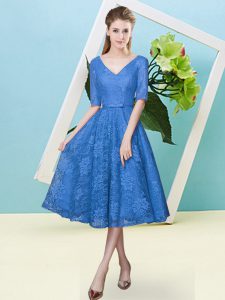 Dramatic Lace V-neck Half Sleeves Lace Up Bowknot Damas Dress in Blue