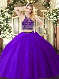 Deluxe Purple Halter Top Zipper Beading and Ruching Sweet 16 Quinceanera Dress Sleeveless