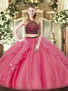 Charming Ball Gowns Sweet 16 Quinceanera Dress Coral Red Halter Top Organza Sleeveless Floor Length Zipper