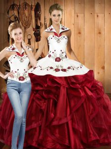 Amazing Sleeveless Organza Floor Length Lace Up Sweet 16 Dress in Wine Red with Embroidery and Ruffles