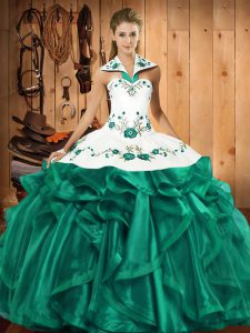 Turquoise Ball Gowns Satin and Organza Halter Top Sleeveless Embroidery and Ruffles Floor Length Lace Up Quince Ball Gowns