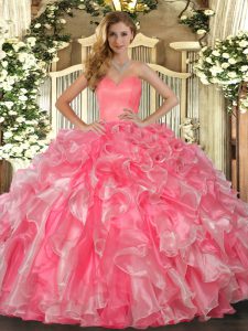 Watermelon Red Sleeveless Floor Length Beading and Ruffles Lace Up Sweet 16 Dress
