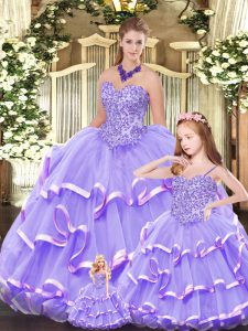 Elegant Lavender Ball Gowns Beading and Ruffled Layers 15 Quinceanera Dress Lace Up Organza Sleeveless Floor Length