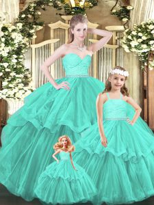 Sophisticated Sleeveless Organza Floor Length Lace Up Quinceanera Dresses in Aqua Blue with Lace and Ruffled Layers