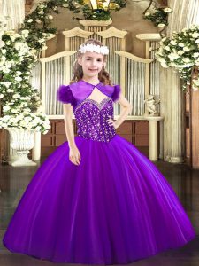 Purple Straps Neckline Beading Little Girls Pageant Gowns Sleeveless Lace Up