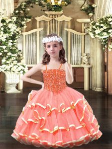 Perfect Organza Scoop Sleeveless Lace Up Beading and Ruffled Layers Little Girls Pageant Dress Wholesale in Watermelon Red