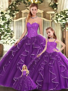 Beautiful Purple Sleeveless Organza Lace Up 15 Quinceanera Dress for Military Ball and Sweet 16 and Quinceanera