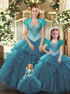 Teal Ball Gowns Tulle Straps Sleeveless Beading and Ruffles Floor Length Lace Up Quinceanera Dresses