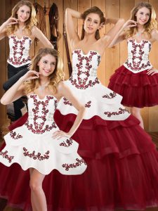 Burgundy Sleeveless Satin and Organza Lace Up Sweet 16 Dress for Military Ball and Sweet 16 and Quinceanera