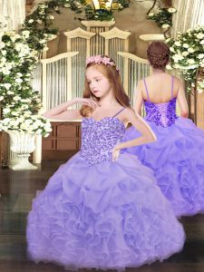 Floor Length Lavender Little Girls Pageant Dress Wholesale Spaghetti Straps Sleeveless Lace Up