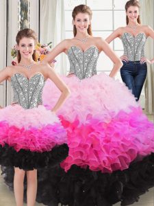 Great Multi-color Lace Up Sweetheart Beading and Ruffles Quince Ball Gowns Organza Sleeveless