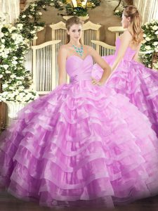 Sleeveless Organza Floor Length Lace Up Sweet 16 Dresses in Lilac with Beading and Ruffled Layers