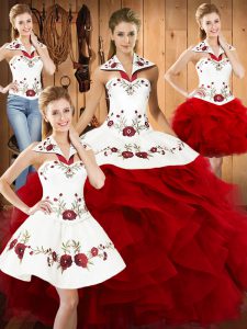 On Sale Wine Red Sleeveless Satin and Organza Lace Up Ball Gown Prom Dress for Military Ball and Sweet 16 and Quinceanera