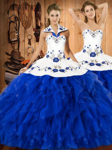 High Quality Satin and Organza Halter Top Sleeveless Lace Up Embroidery and Ruffles Quinceanera Gown in Blue And White