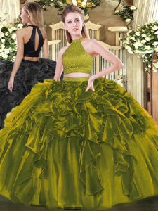 Spectacular Olive Green Ball Gowns Halter Top Sleeveless Organza Floor Length Backless Beading and Ruffles 15th Birthday Dress