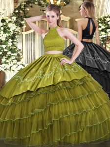 Fantastic Olive Green Backless Halter Top Beading and Embroidery and Ruffled Layers 15th Birthday Dress Organza Sleeveless