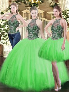 Perfect Ball Gowns High-neck Sleeveless Tulle Floor Length Lace Up Beading Quinceanera Dresses