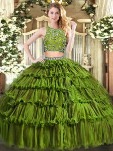 Sweet Two Pieces Sweet 16 Quinceanera Dress Olive Green High-neck Tulle Sleeveless Floor Length Zipper