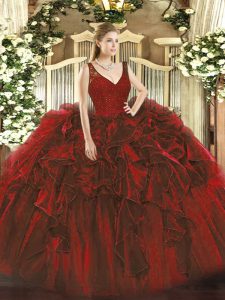 Fashion Sleeveless Floor Length Beading and Lace and Ruffles Backless Vestidos de Quinceanera with Wine Red