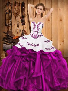 Chic Fuchsia Strapless Lace Up Embroidery and Ruffles Quinceanera Gown Sleeveless