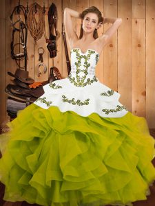 Strapless Sleeveless Satin and Organza Vestidos de Quinceanera Embroidery and Ruffles Lace Up