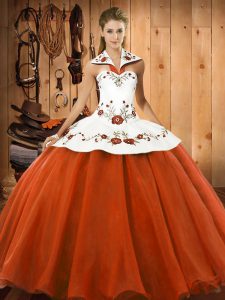 Inexpensive Halter Top Sleeveless Lace Up 15 Quinceanera Dress Orange Red Satin and Tulle