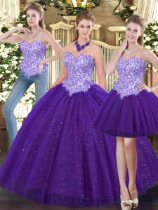 Superior Purple Sweetheart Neckline Beading 15th Birthday Dress Sleeveless Lace Up