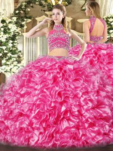 Glamorous Beading and Ruffles 15th Birthday Dress Hot Pink Backless Sleeveless Floor Length