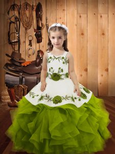 Olive Green Lace Up Straps Embroidery and Ruffles Kids Formal Wear Tulle Sleeveless