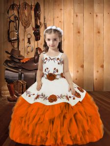 Orange Organza Lace Up High School Pageant Dress Sleeveless Floor Length Embroidery and Ruffles
