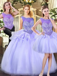 Organza Scoop Sleeveless Zipper Beading Quince Ball Gowns in Lavender