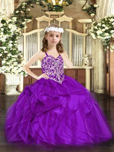 Straps Sleeveless Lace Up Glitz Pageant Dress Purple Organza