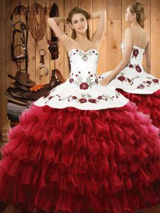 Sleeveless Floor Length Embroidery and Ruffled Layers Lace Up Quinceanera Dresses with Wine Red