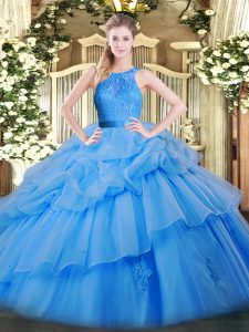 Baby Blue Sleeveless Lace and Ruffled Layers Floor Length Quinceanera Gown