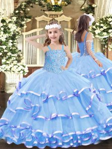 Modern Aqua Blue Straps Neckline Beading and Ruffled Layers Little Girl Pageant Gowns Sleeveless Lace Up