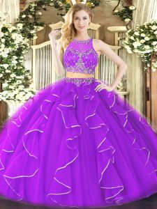 Charming Purple Organza Zipper Sweet 16 Dress Sleeveless Floor Length Ruffles