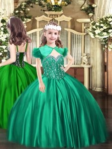 Straps Sleeveless Little Girls Pageant Dress Floor Length Beading Turquoise Satin