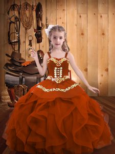 Glorious Rust Red Ball Gowns Organza Straps Sleeveless Embroidery and Ruffles Floor Length Lace Up Winning Pageant Gowns