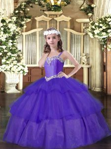 Sleeveless Organza Floor Length Lace Up Winning Pageant Gowns in Purple with Beading and Ruffled Layers